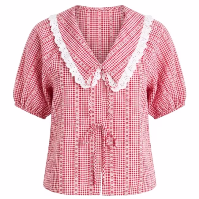 red gingham top with oversized lace collar