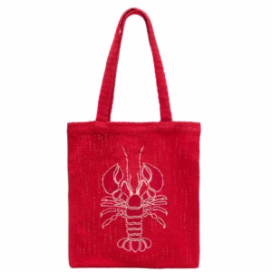 red tote bag with lobster imprint