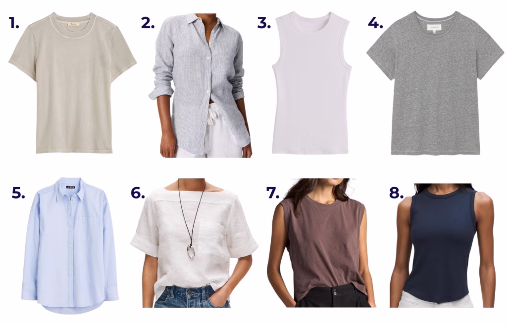 summer basic capsule wardrobe tops and shirts for women over 40