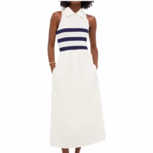 white dress with blue stipes, collar and no sleeves