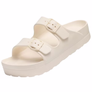 white platform plastic slip on sandal