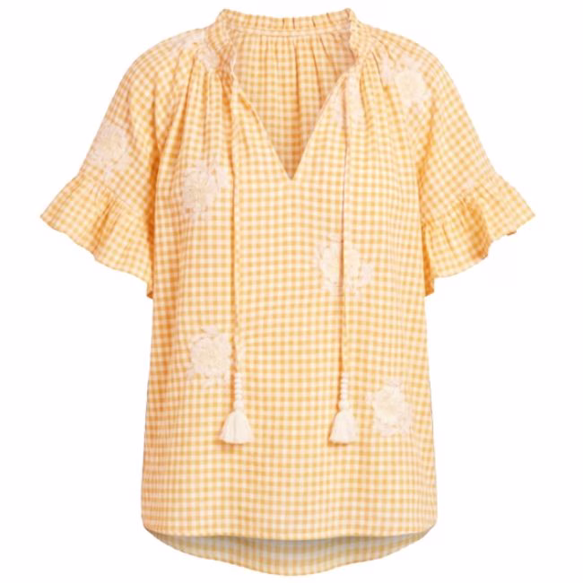 yellow v neck gingham blouse with ruffle sleeves