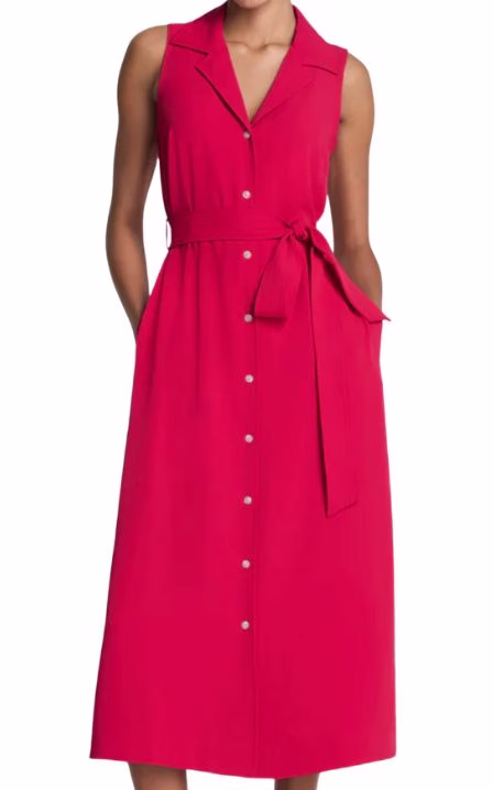 Fushia sleeveless belted midi dress with buttons down the front