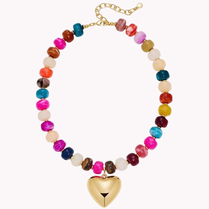 beaded necklace with a chunky gold heart charm