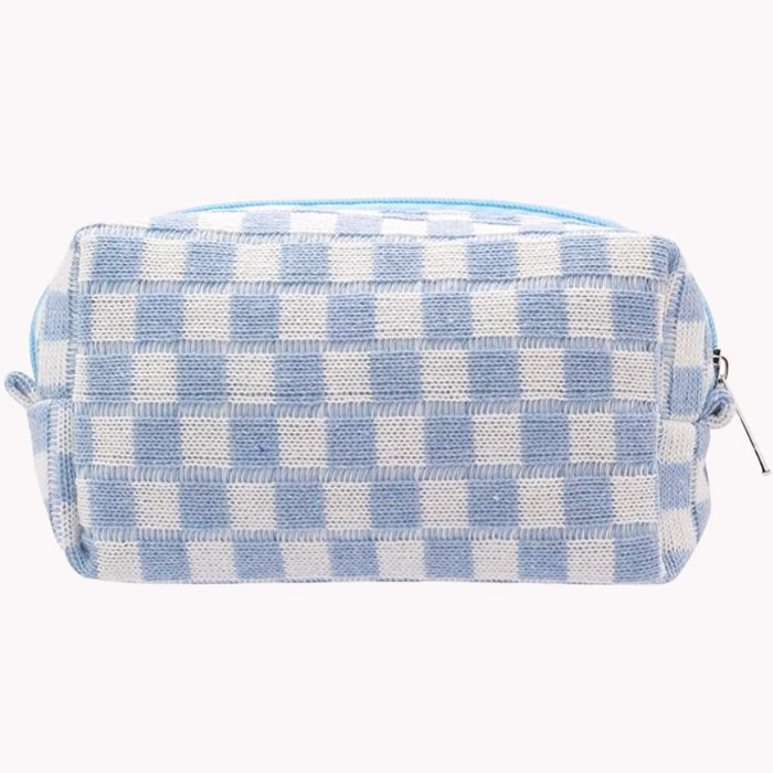 blue and white checkered makeup bag