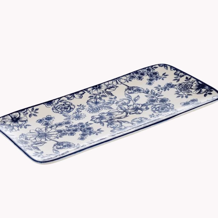 blue and white floral ceramic serving tray