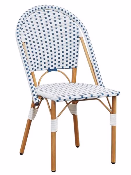blue and white rattan outdoor dining chair