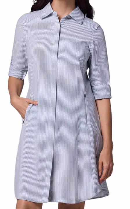 blue and white stripe midi dress with sleeves and buttons down the front