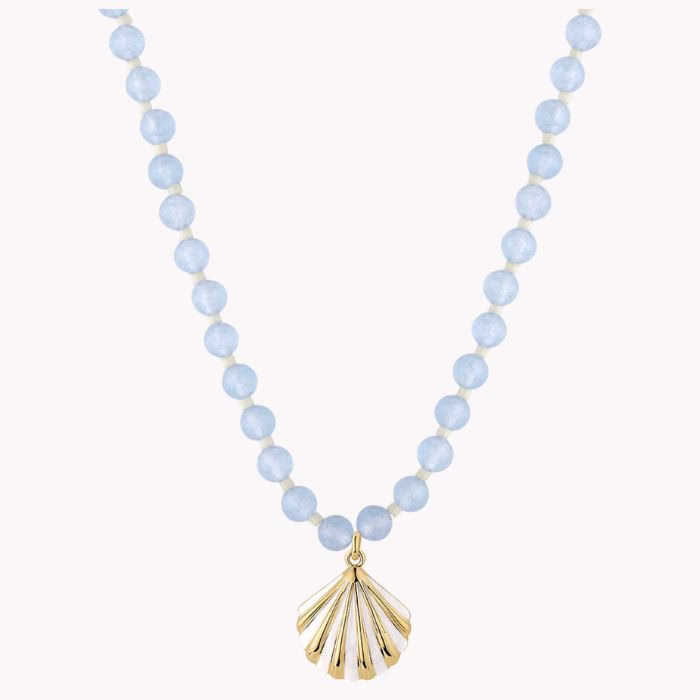 blue beaded necklace with shell gold charm