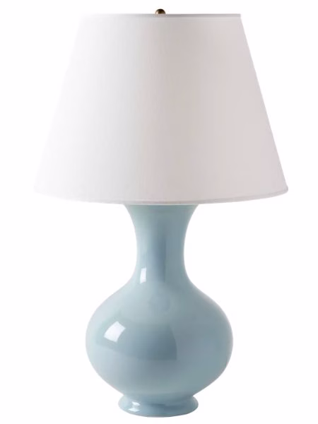 blue ceramic lamp with white shade