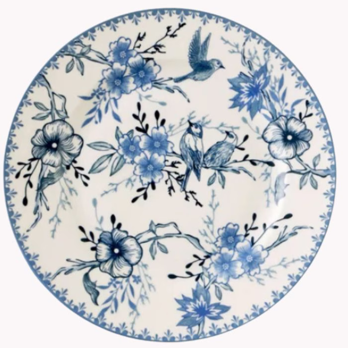 blue porceline dinner plate with flowers and birds