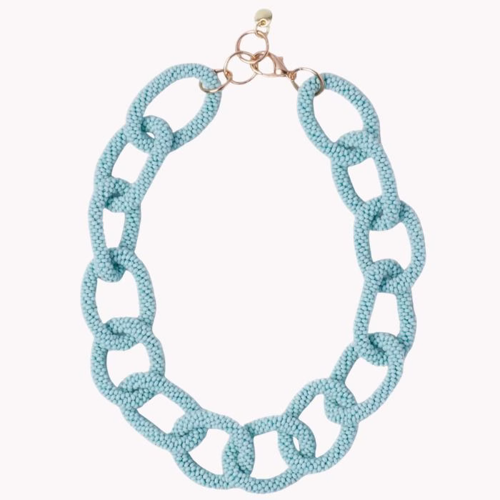 blue small beaded chain link necklace with a gold clasp