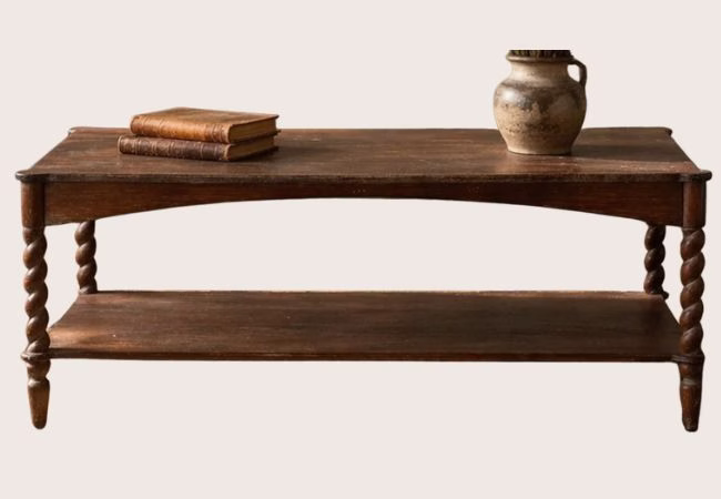 brown rectangle coffee table with twisty legs