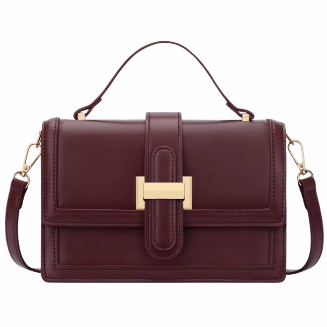 burgundy leather crossbody bag with gold trim