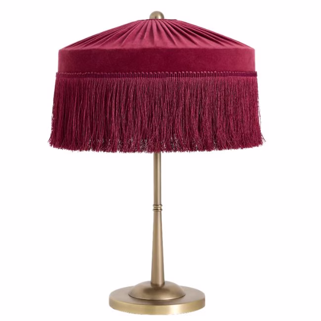 burgundy table lamp with fringe on the shade