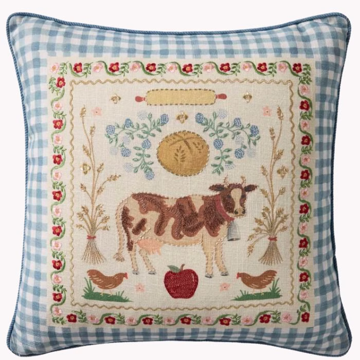 ginham pillow with emboidered country scene with cows and farm animals