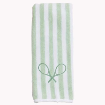 green and white stripe towel with tennis rackets embroidered