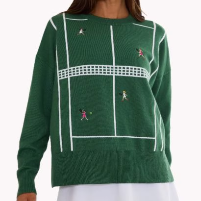 green sweater depicting people playing tennis