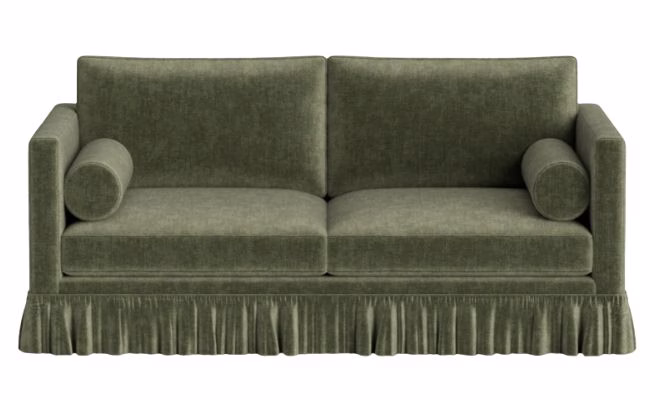 green velvet skirted ruffle occasion sofa