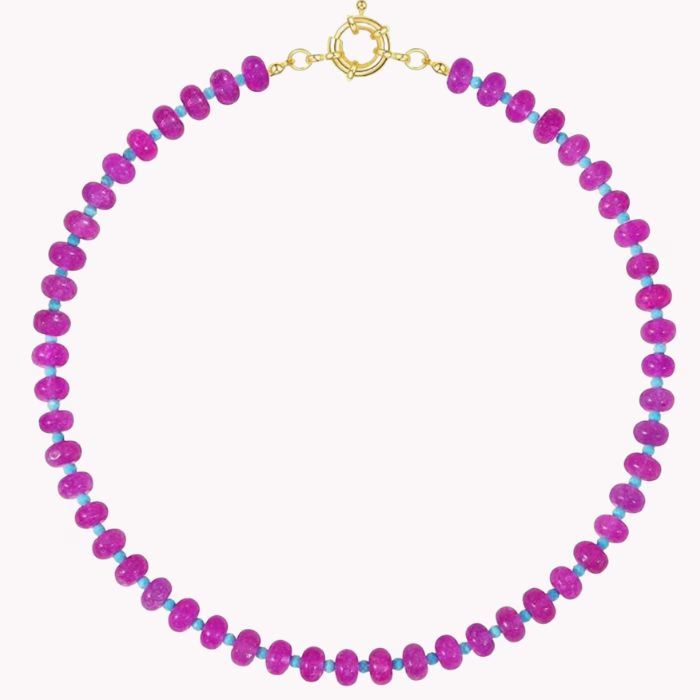 pink and blue beaded gemstone necklace
