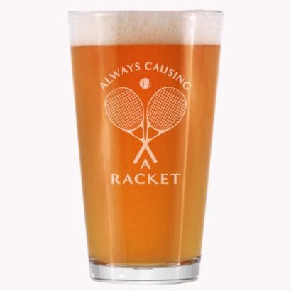 pint glass with beer and a tennis racket on the front