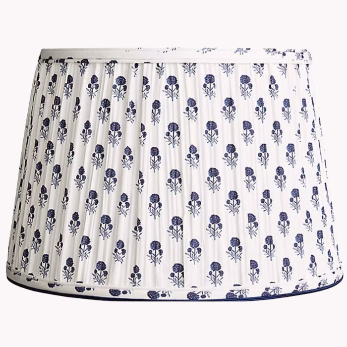 pleated block print lamp shade in white and blue