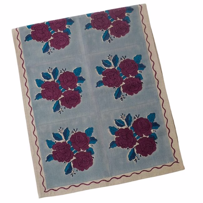 plum and blue block print table runner