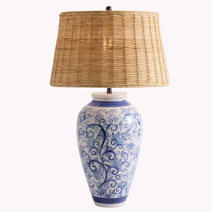 pottery barn edith blue and white lamp with wicker shade