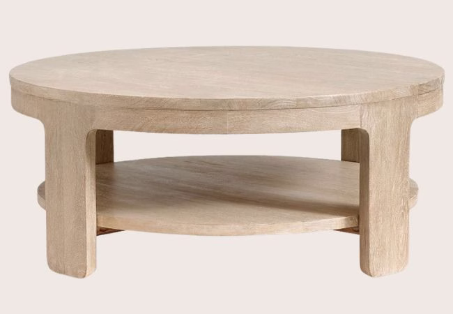 pottery barn light wood round coffee table