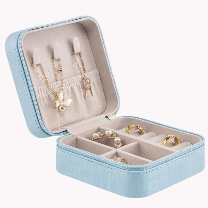 small blue jewelry travel case