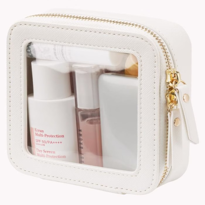 small white makeup bag with clear front