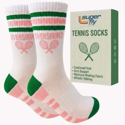 white socks that say overserved in green and pink