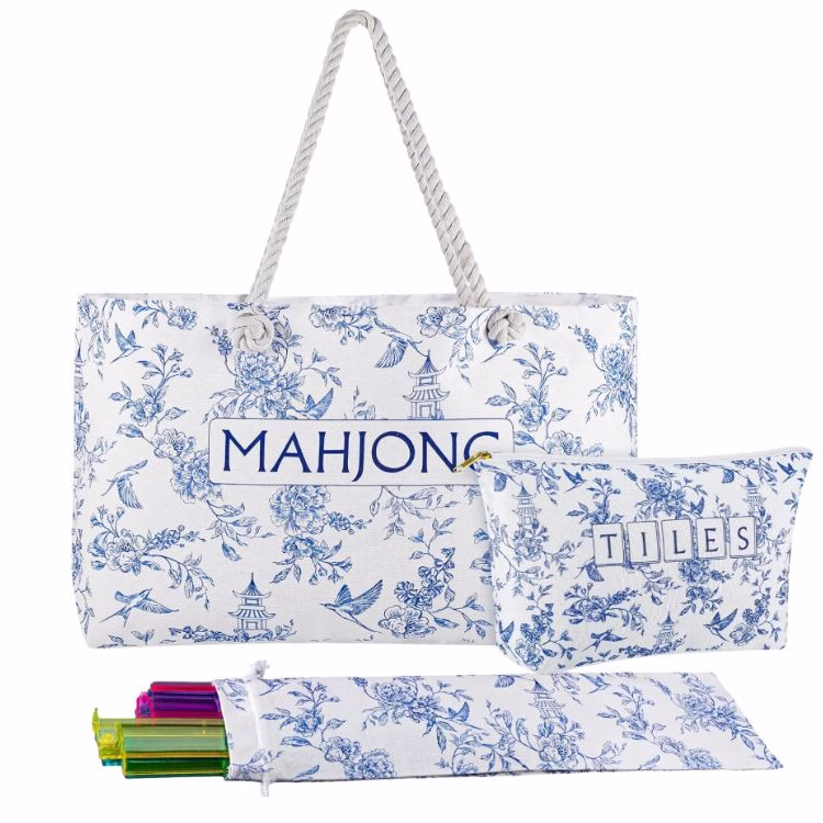 3 piece white and blue Mahjong tote bag
