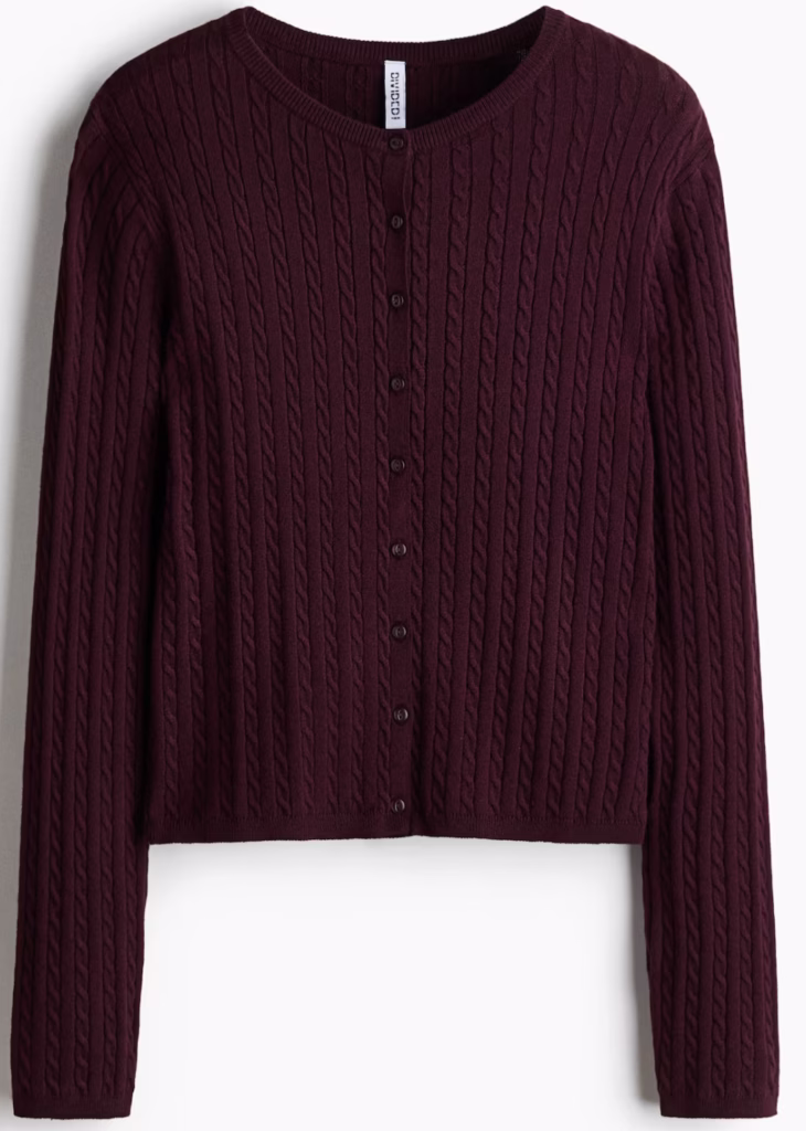 merlot cable knit fitted cardigan
