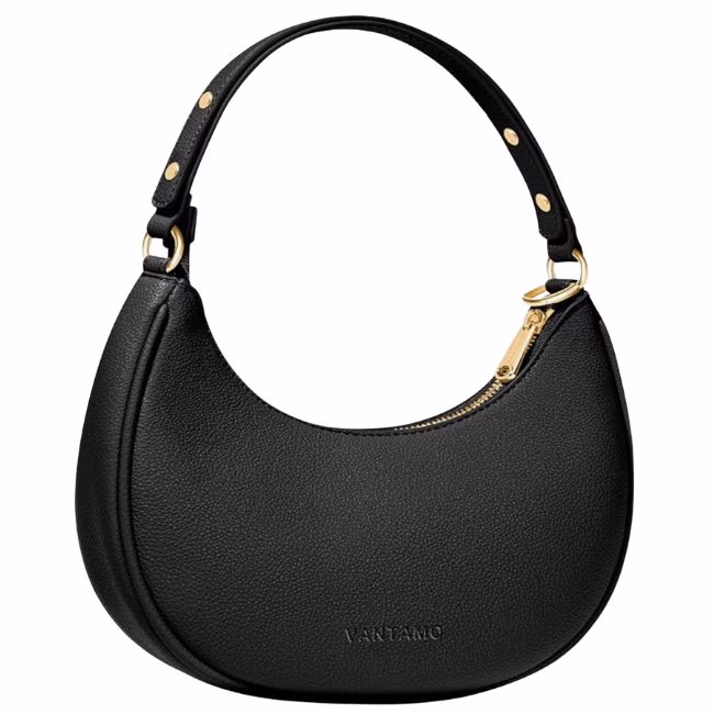 black cresent shaped shoulder bag