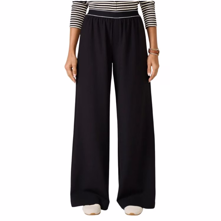 black pull on trousers wtih white detailing