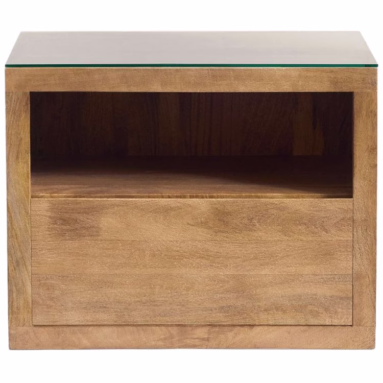 boxy wood nightstand with open shelf and glass top