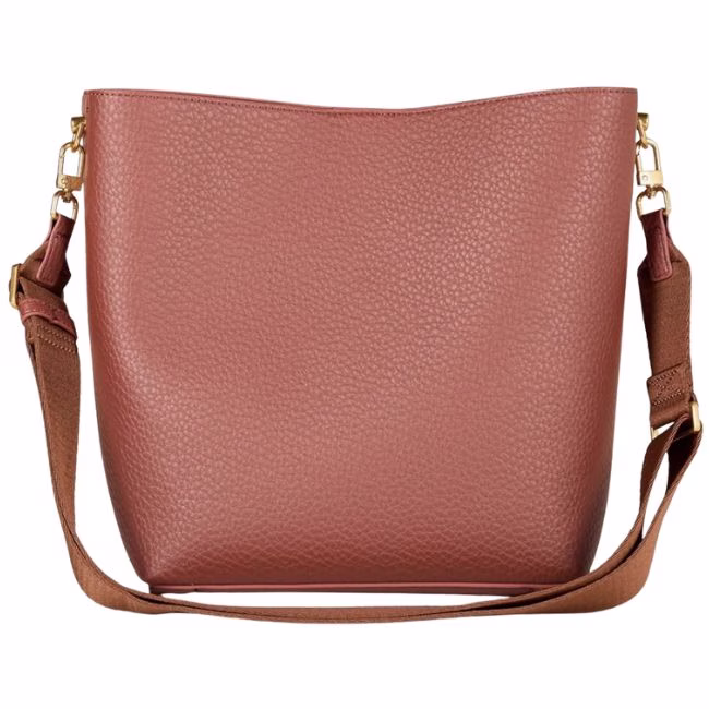 brown bucket crossbody bag with a long strap