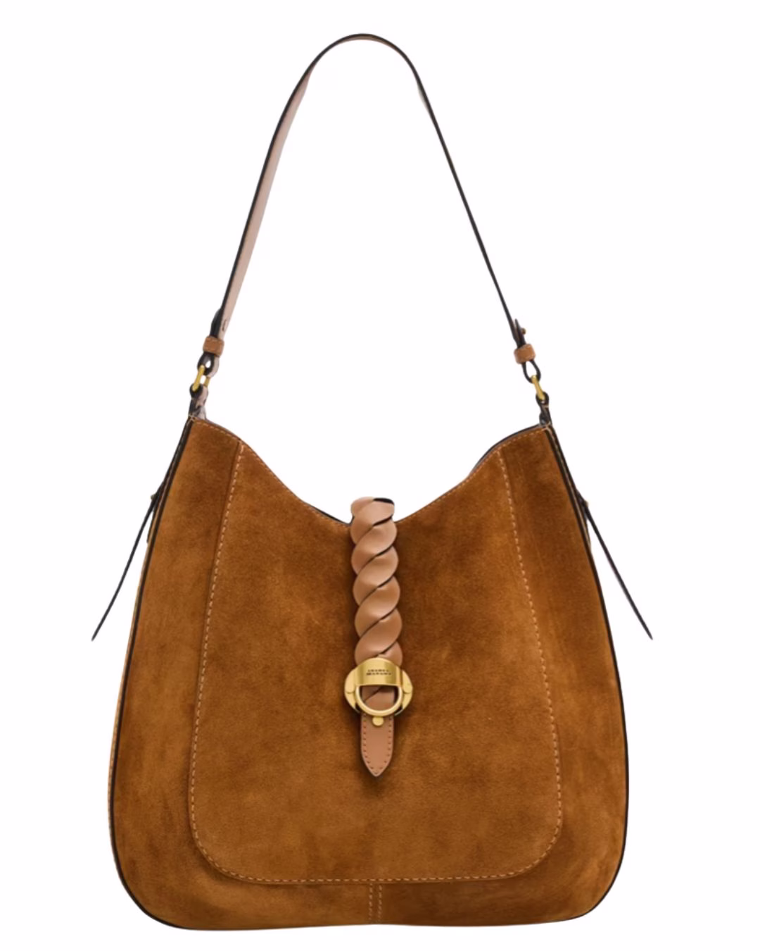 brown shoulder suede bag with braided leather clasp