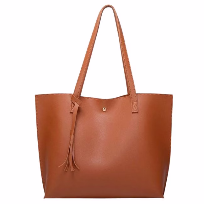 brown square large tote with top handles and tassle