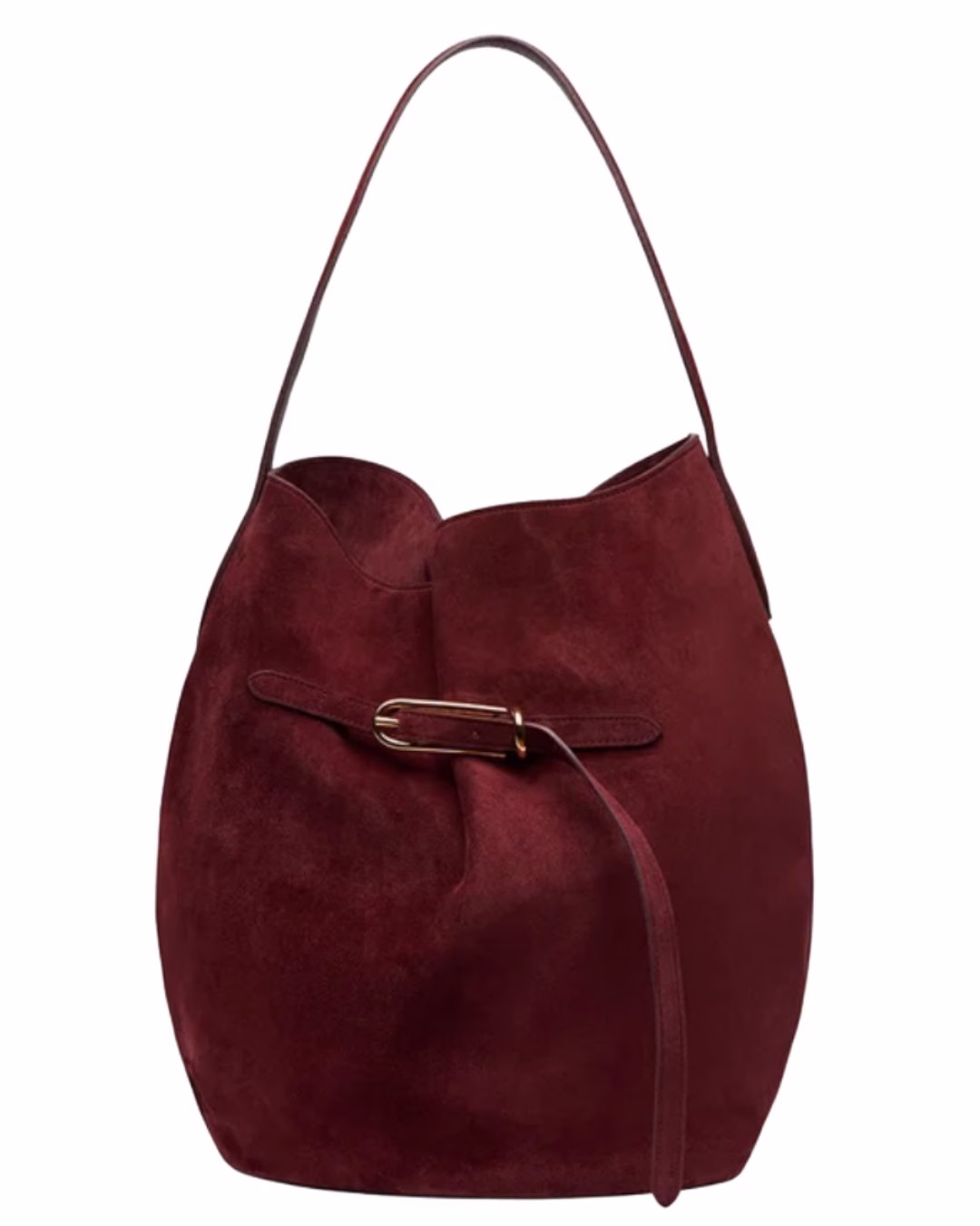 burgundy suede bucket bag