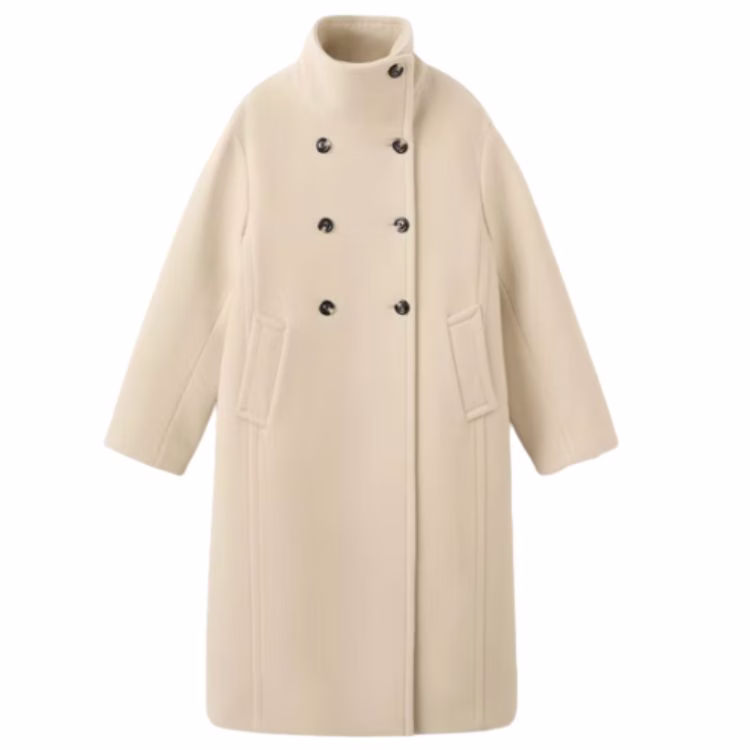 cream funnel neck coat with black buttons