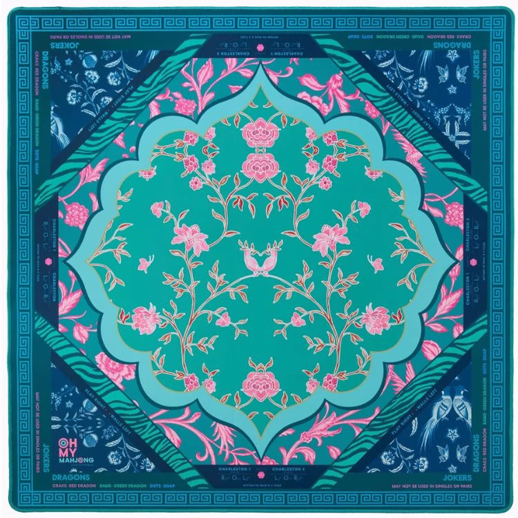 floral mahjong mat in pink, blue and green