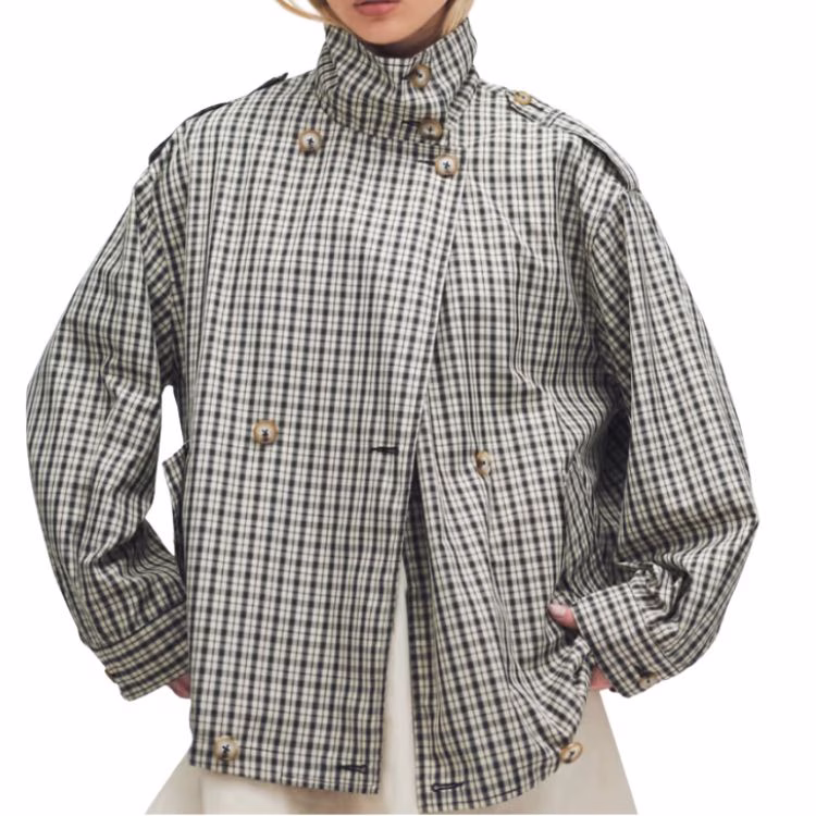 funnel neck trench in check pattern