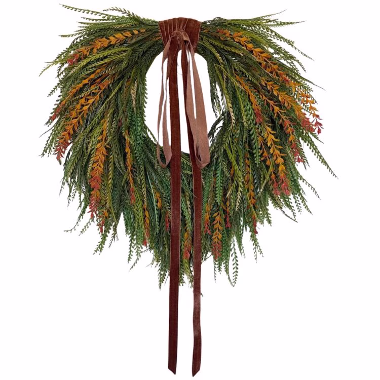 green cascading fall wreath with velet ribbon