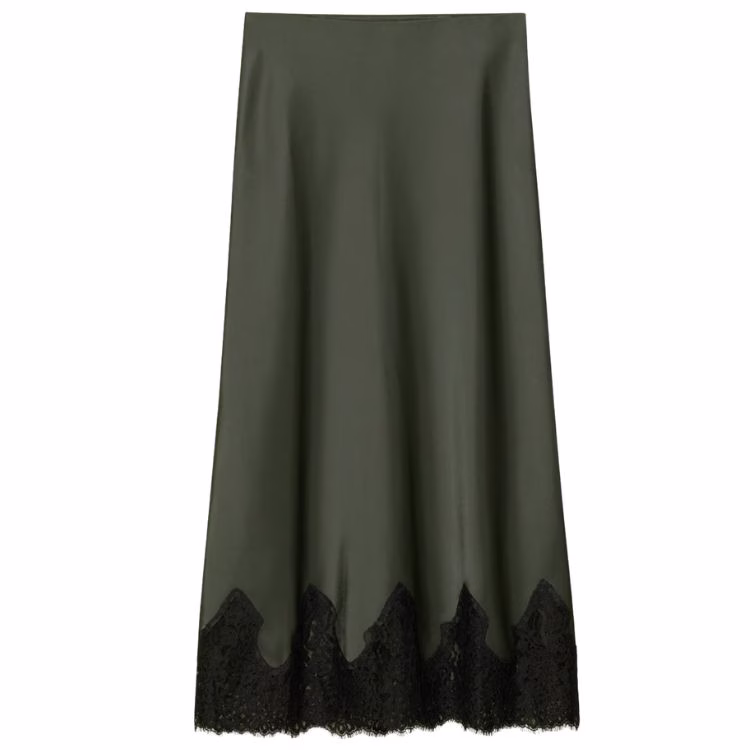 green silk skirt with black lace trim