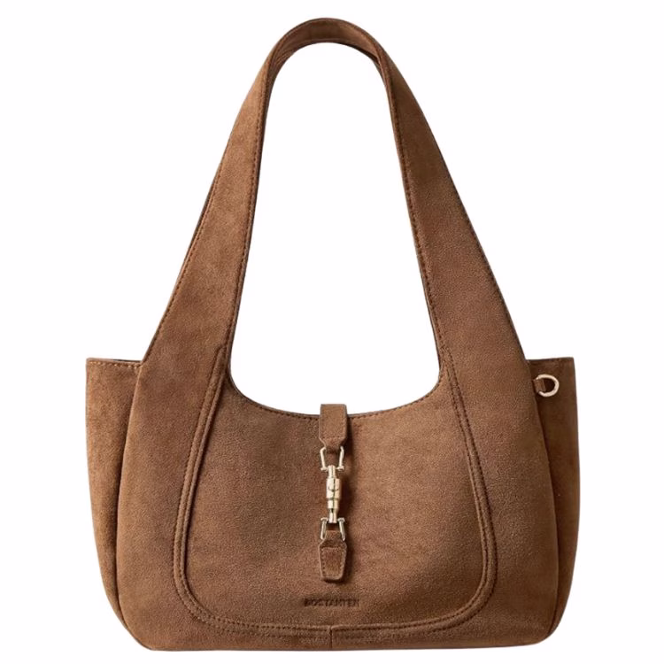 light brown faux suede shoulder bag with gold clasp