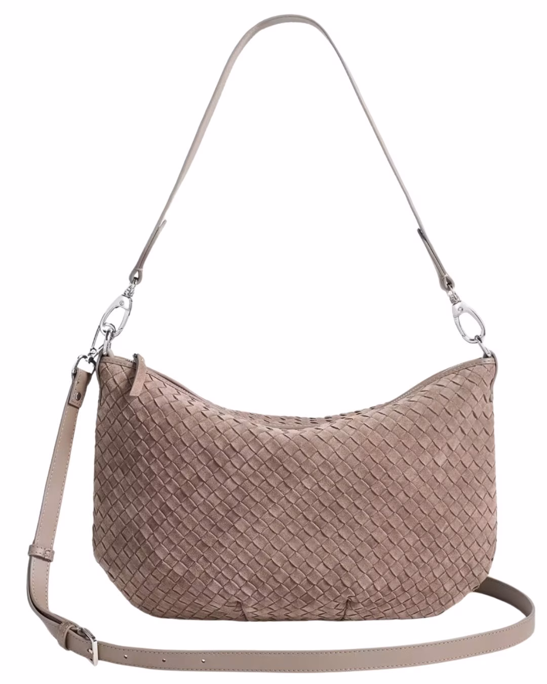 light gray suede woven crossbody bag