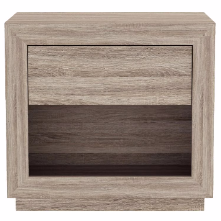 light wood boxy nightstand with one drawe and one open shelf