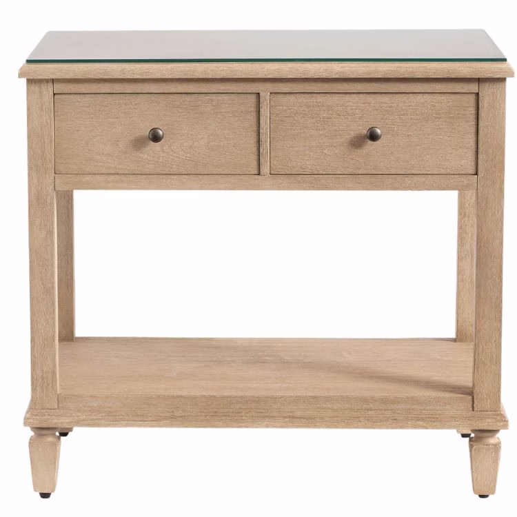pottery barn light wood nightstand with open shelf and two drawers